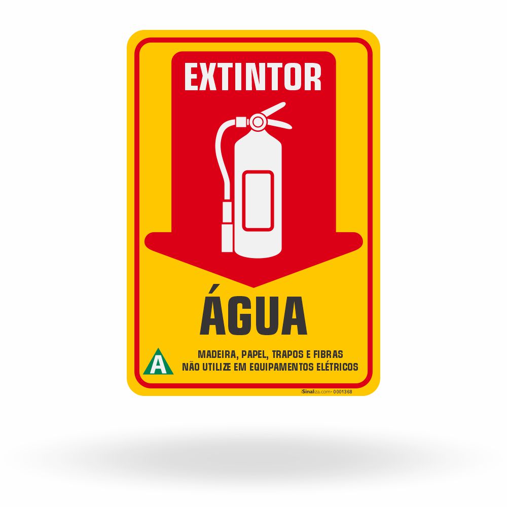 Placa de Sinalização de Extintor Água "Madeira, Papel, Trapos e Fibras - Não Utilize em Equipamentos Elétricos"