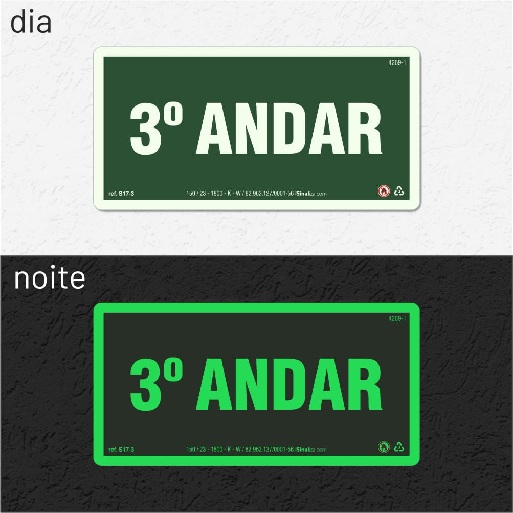 Placa de Andar "3º Andar" Fotoluminescente S17-3 com ColorAdd