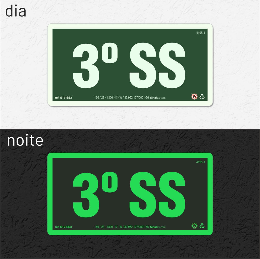 Placa de Andar "3º Subsolo" Fotoluminescente S17-SS3 com ColorAdd