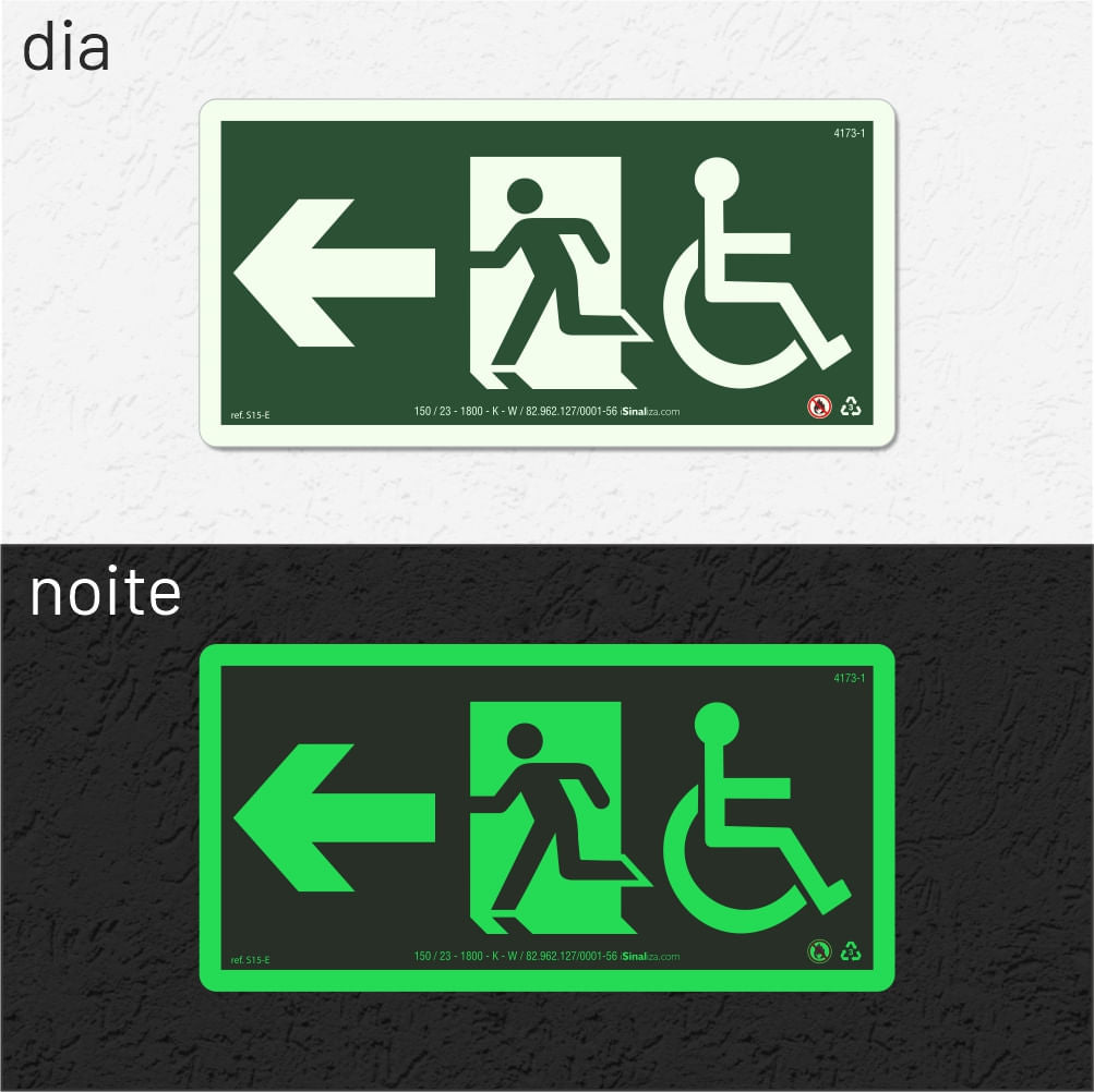 Placa Rota de Fuga Acessível "Saída à Esquerda" S15-E com ColorAdd