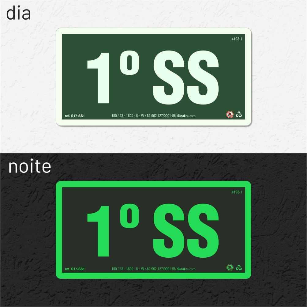 Placa de Andar "1º Subsolo" Fotoluminescente S17-SS1 com ColorAdd