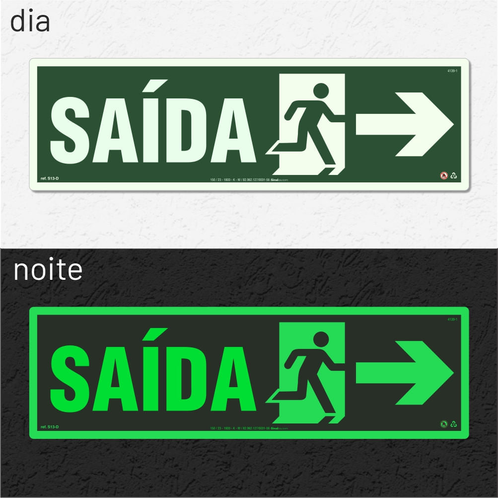 Placa Rota de Fuga "Saída à Direita" Fotoluminescente S13-D com ColorAdd