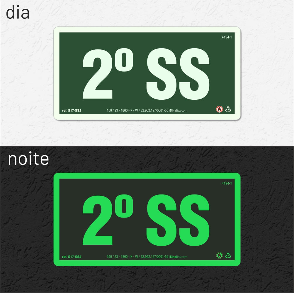Placa de Andar "2º Subsolo" Fotoluminescente S17-SS2 com ColorAdd
