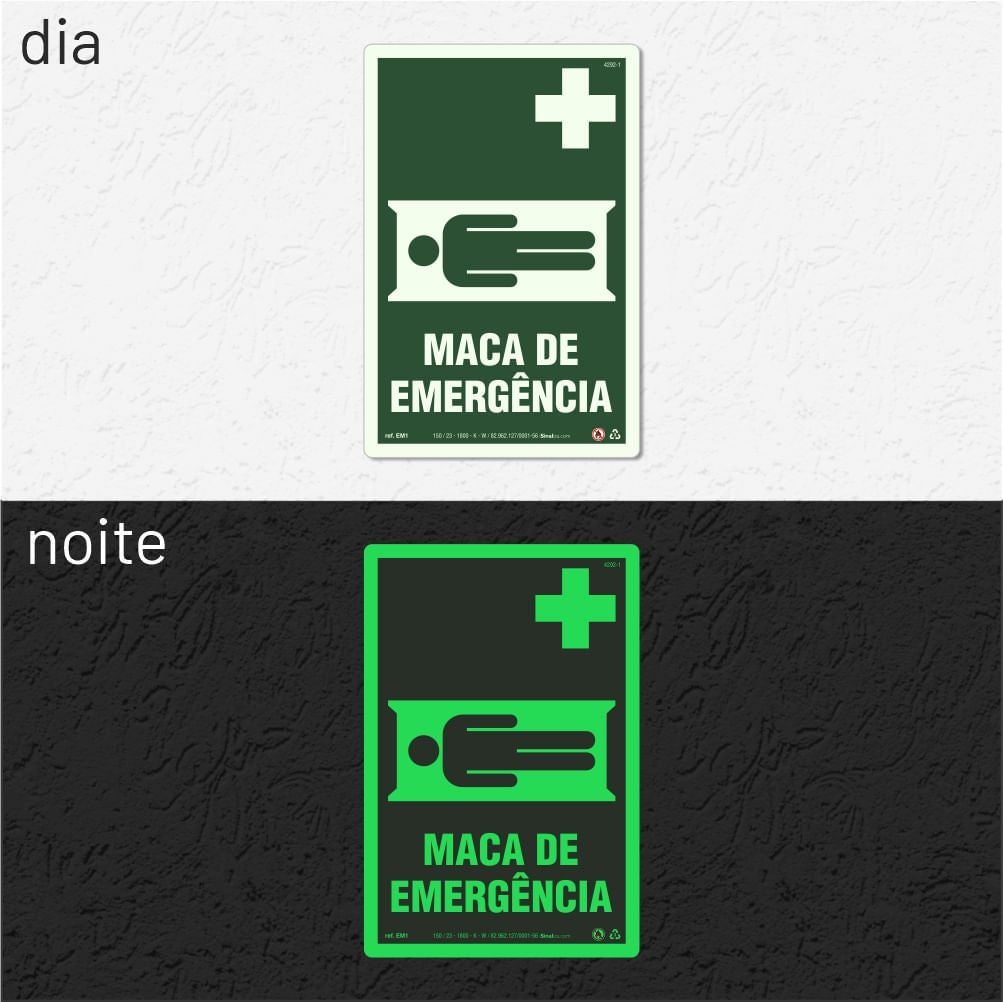 Placa "Maca de Emergência" Fotoluminescente EM1 com ColorAdd