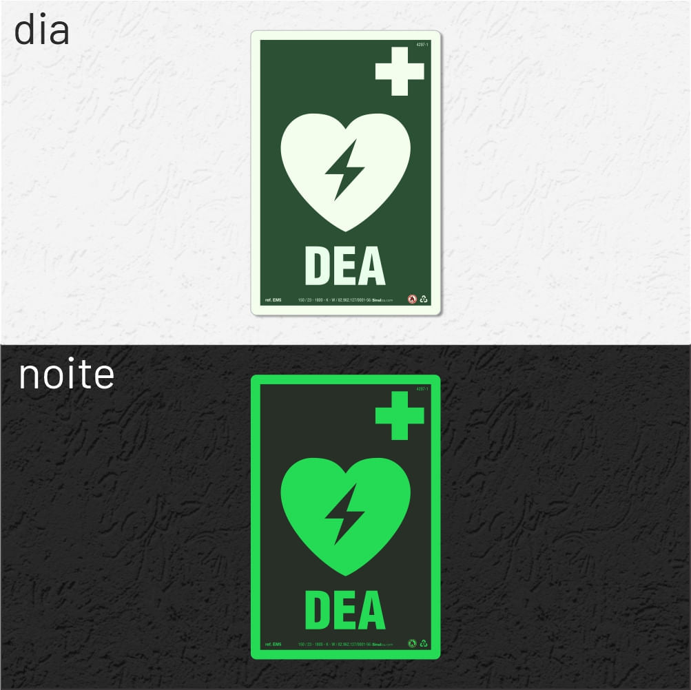 Placa "DEA - Desfibrilador" Fotoluminescente EM5 com ColorAdd