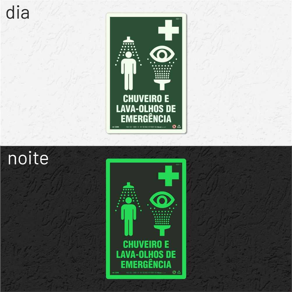 Placa "Chuveiro e Lava-Olhos de Emergência" Fotoluminescente EM9 com ColorAdd