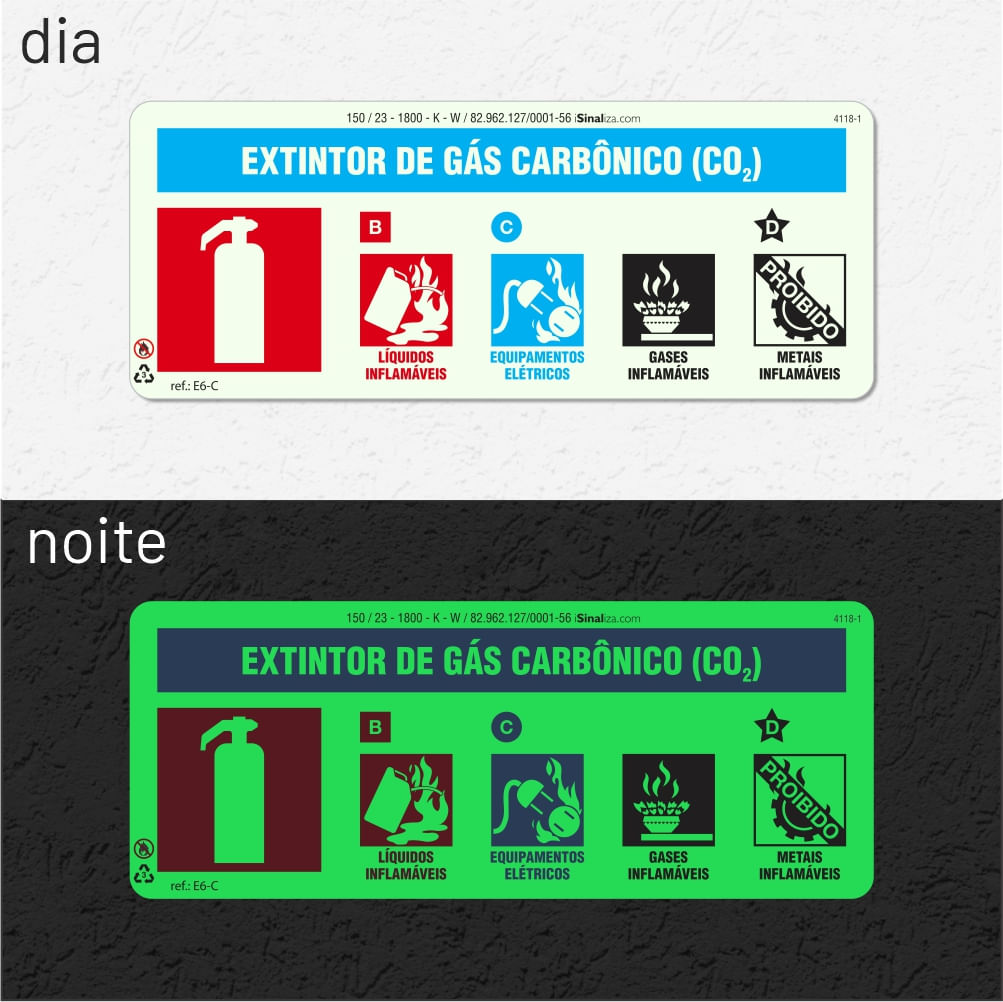 Placa "Extintor Gás Carbônico" Fotoluminescente E6-C com ColorAdd