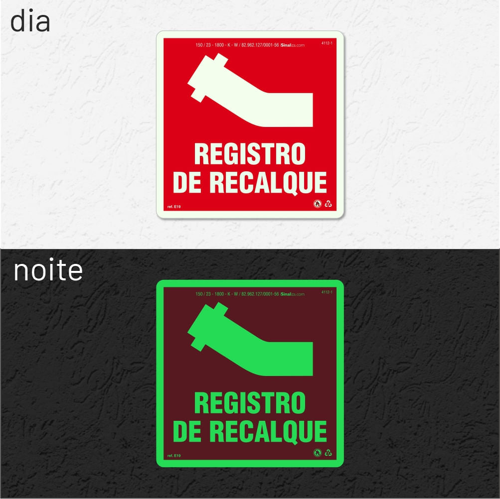 Placa "Registro de Recalque" Fotoluminescente E19 com ColorAdd