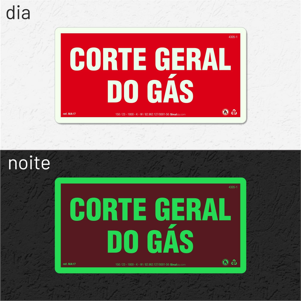 Placa "Corte Geral do Gás" Fotoluminescente MA17 com ColorAdd