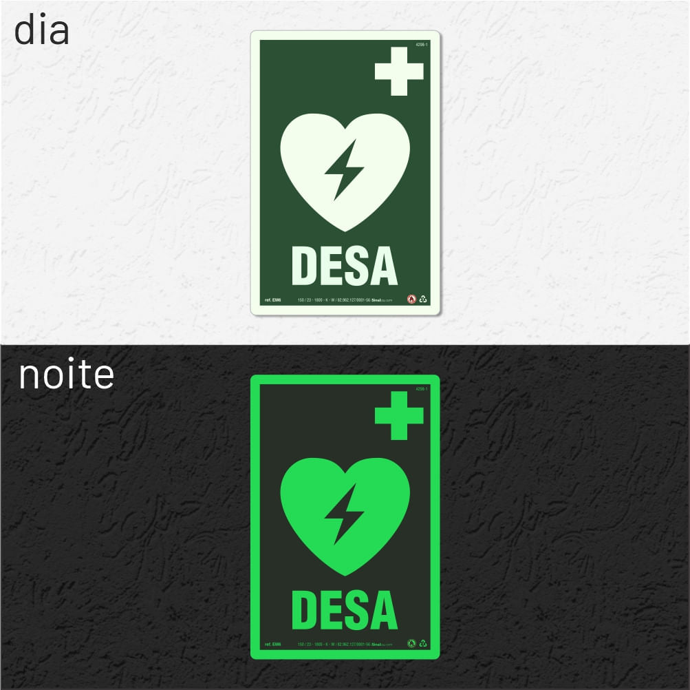 Placa "Desfibrilador - DEA" Fotoluminescente EM6 com ColorAdd