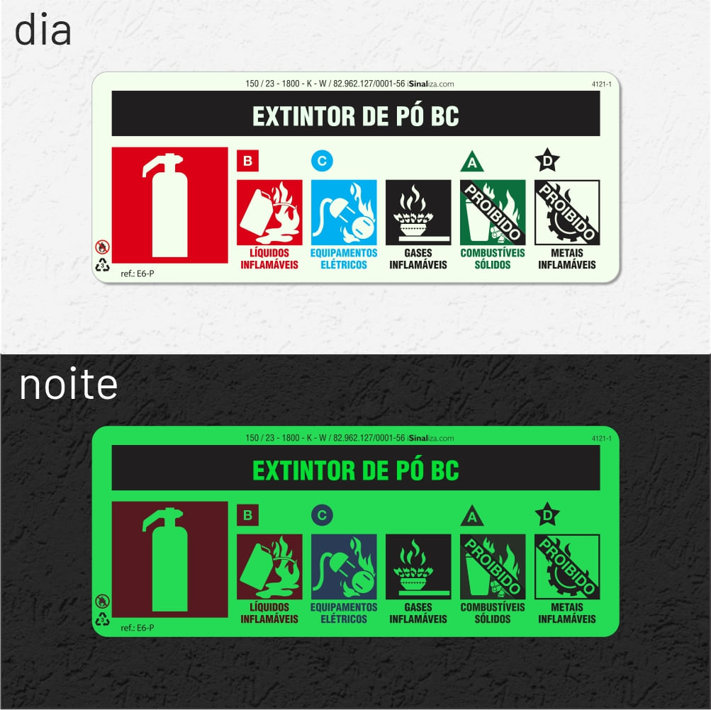 Placa "Extintor Pó BC" Fotoluminescente E6-P com ColorAdd