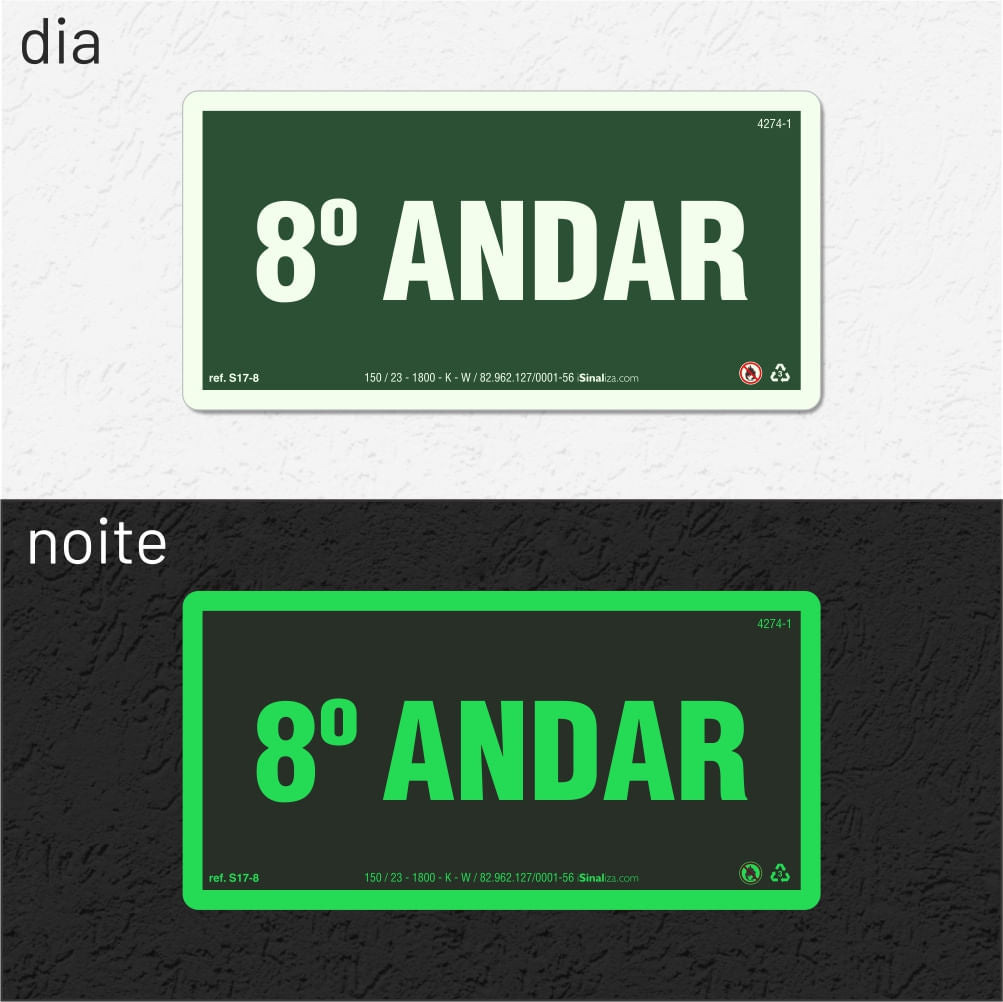 Placa de Andar "8º Andar" Fotoluminescente S17-8 com ColorAdd