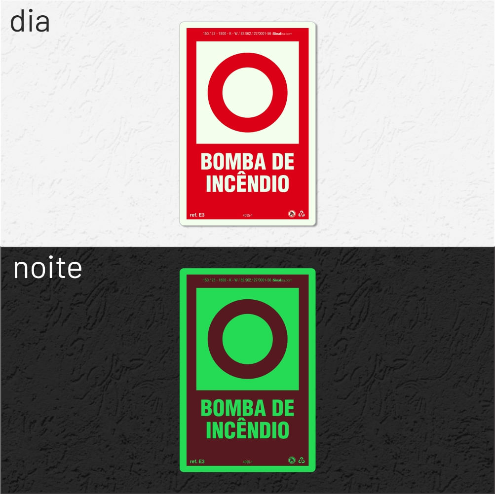 Placa "Bomba de Incêndio" Fotoluminescente E3 com ColorAdd