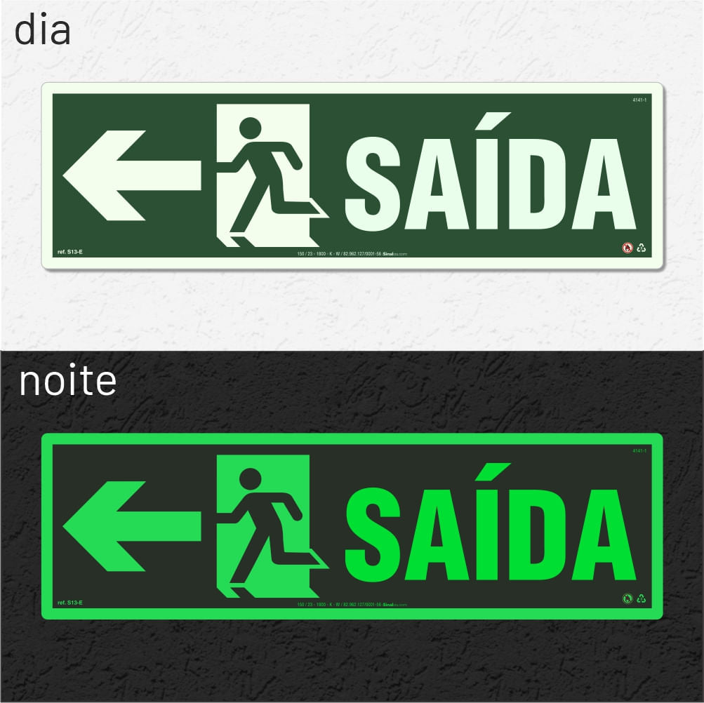 Placa Rota de Fuga "Saída à Esquerda" Fotoluminescente S13-E com ColorAdd