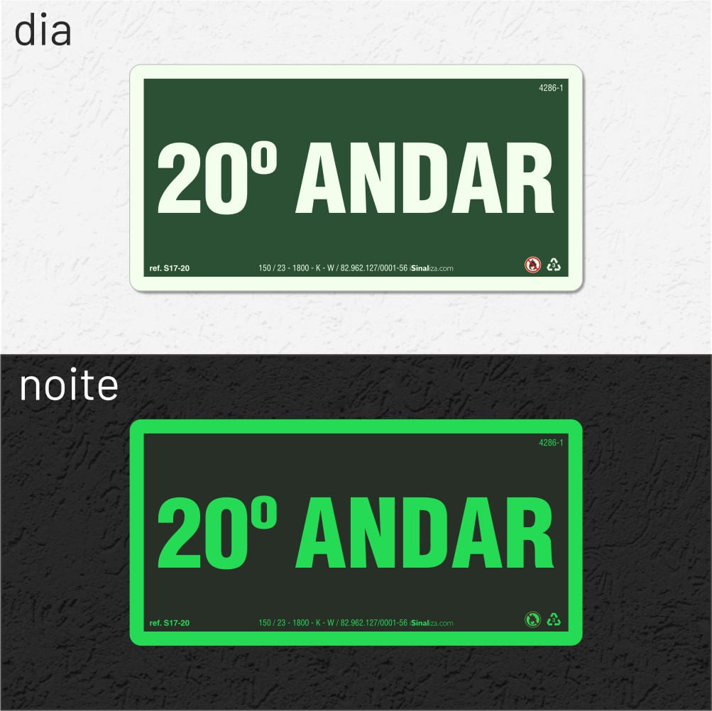 Placa de Andar "20º Andar" Fotoluminescente S17-20 com ColorAdd
