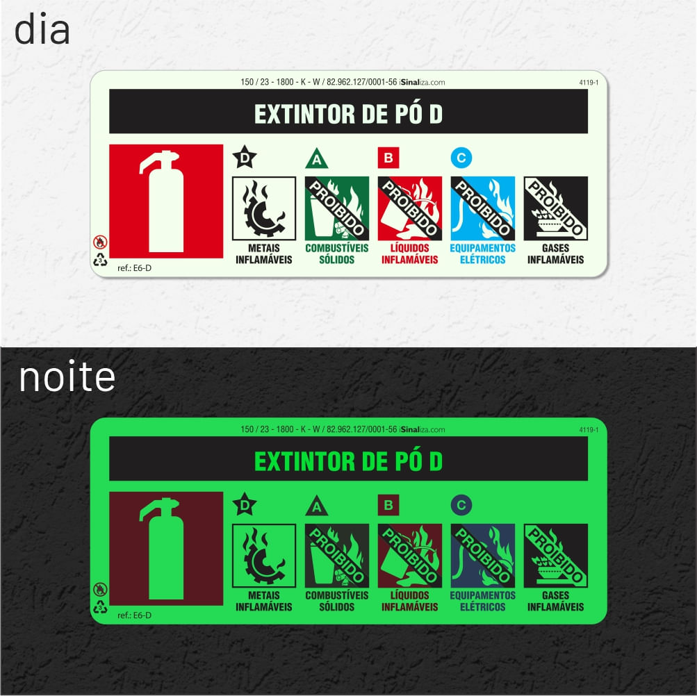 Placa "Extintor Pó D" Fotoluminescente E6-D com ColorAdd