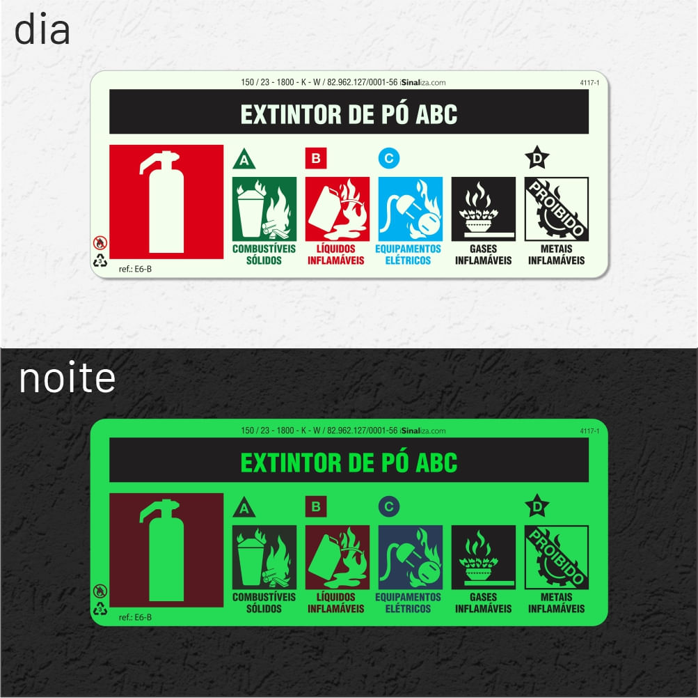 Placa "Extintor Pó ABC" Fotoluminescente E6-B com ColorAdd