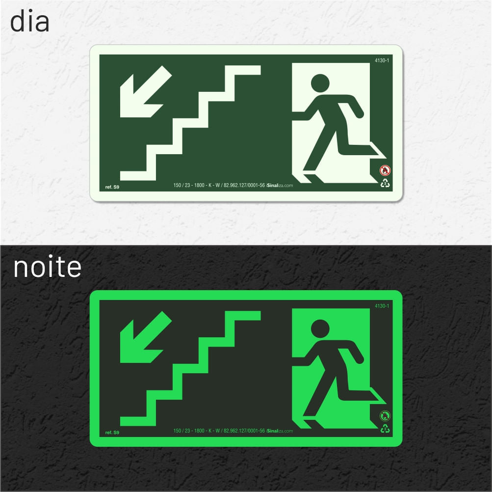 Placa Rota de Fuga "Escada Desce à Esquerda" S9 com ColorAdd