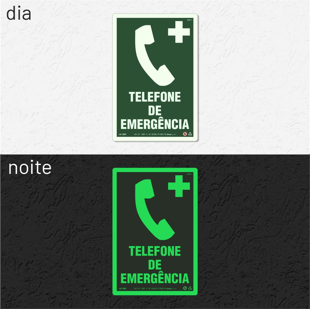 Placa "Telefone de Emergência" Fotoluminescente EM3 com ColorAdd