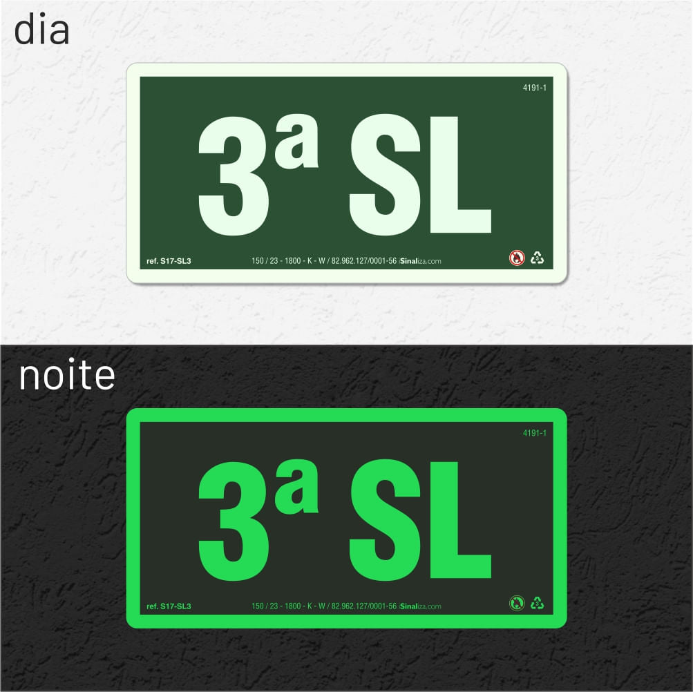 Placa de Andar "3º Subsolo" Fotoluminescente S17-SL3 com ColorAdd