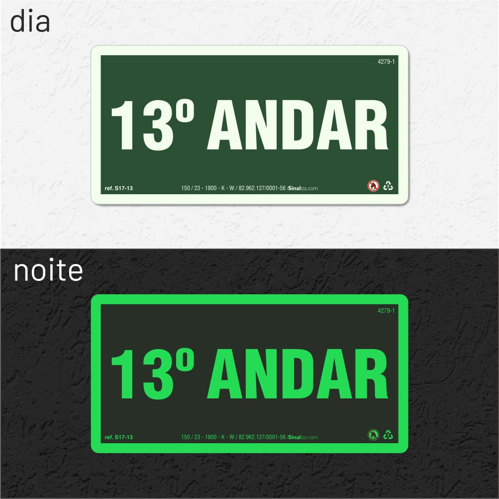 Placa de Andar "13º Andar" Fotoluminescente S17-13 com ColorAdd