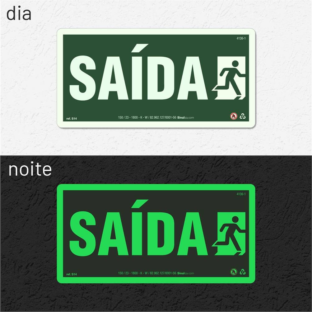 Placa Rota de Fuga "Saída" Fotoluminescente S14 com ColorAdd