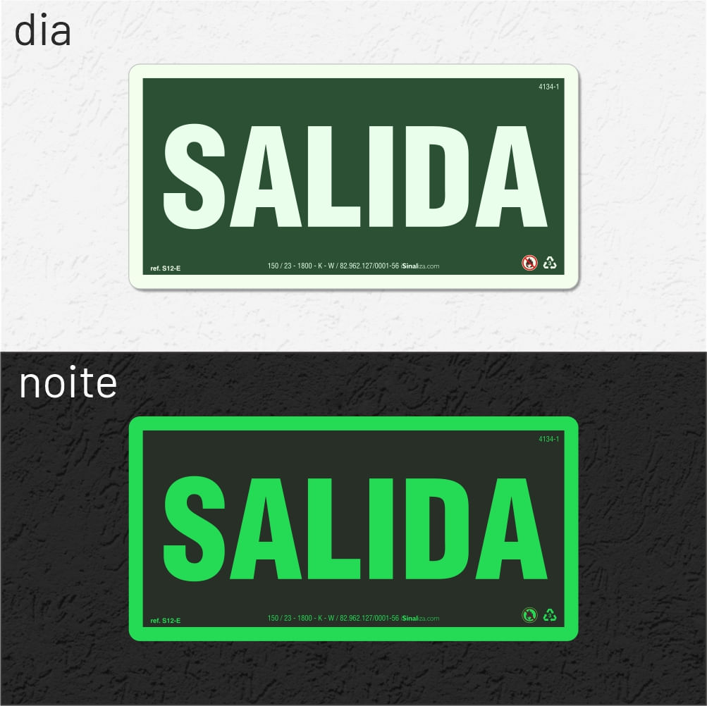 Placa Rota de Fuga "Salida" Fotoluminescente S12-E com ColorAdd