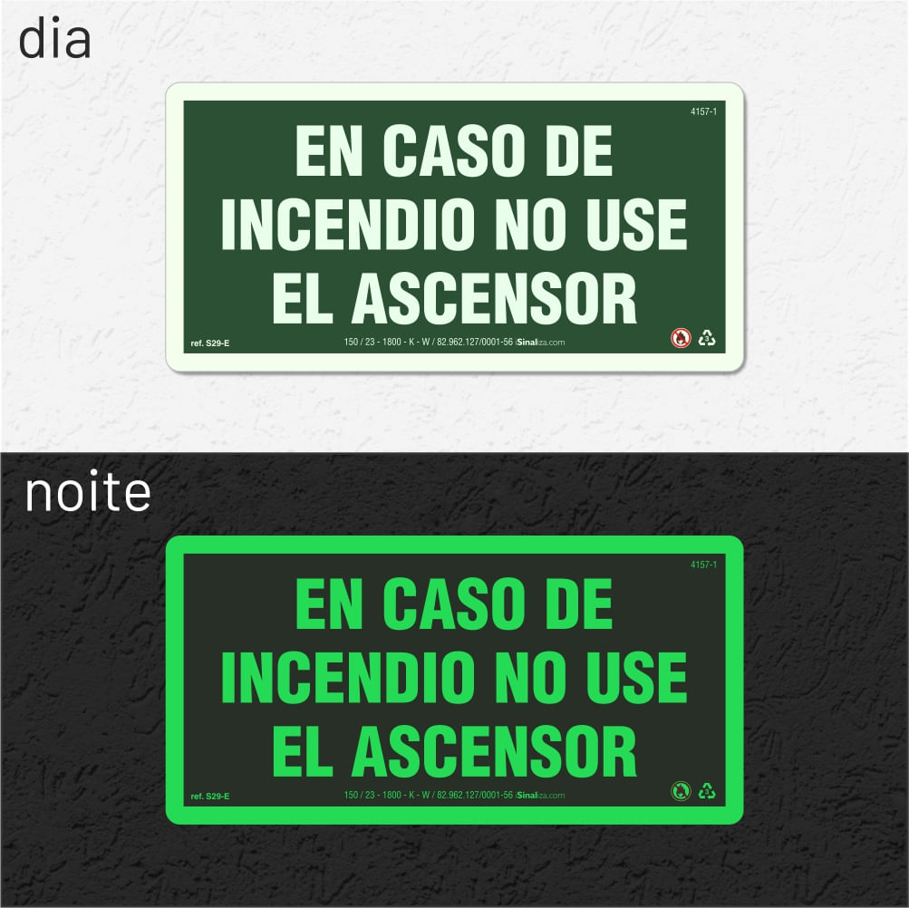 Placa Em Caso De Incendio No Use El Ascensor Fotoluminescente S29-E