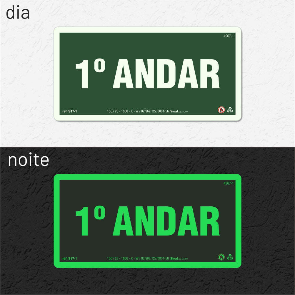 Placa de Andar "1º Andar" Fotoluminescente S17-1 com ColorAdd
