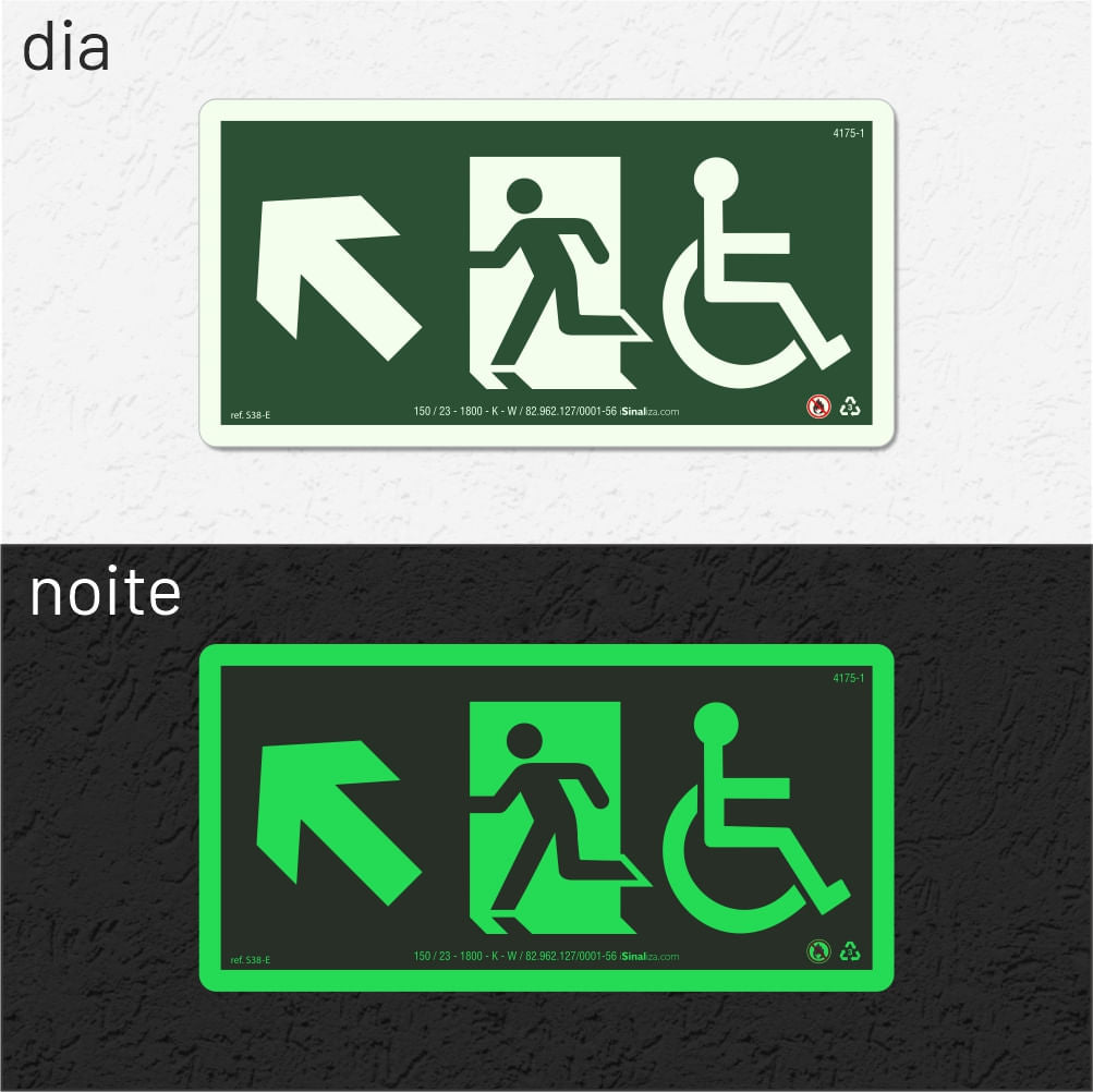 Placa Rota de Fuga Acessível "Sobe à Esquerda" S38-E com ColorAdd