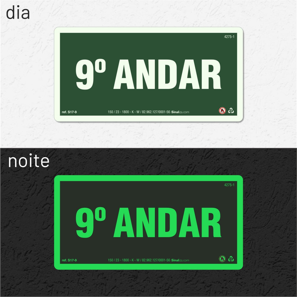 Placa de Andar "9º Andar" Fotoluminescente S17-9 com ColorAdd