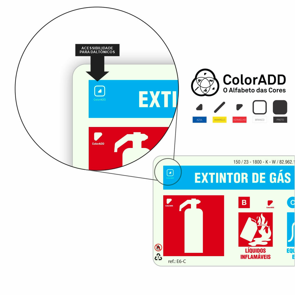 Placa "Extintor Gás Carbônico" Fotoluminescente E6-C com ColorAdd