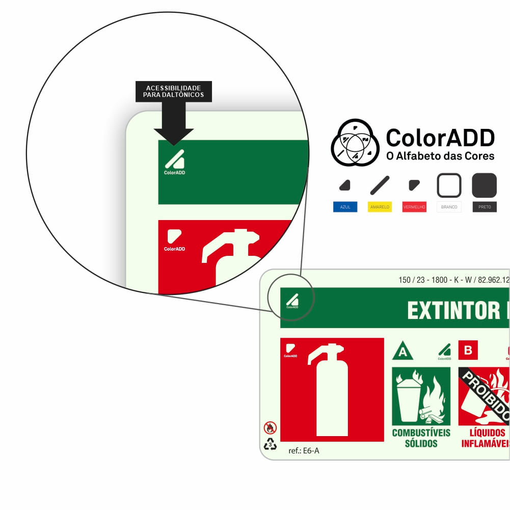 Placa "Extintor Água" Fotoluminescente E6-A com ColorAdd