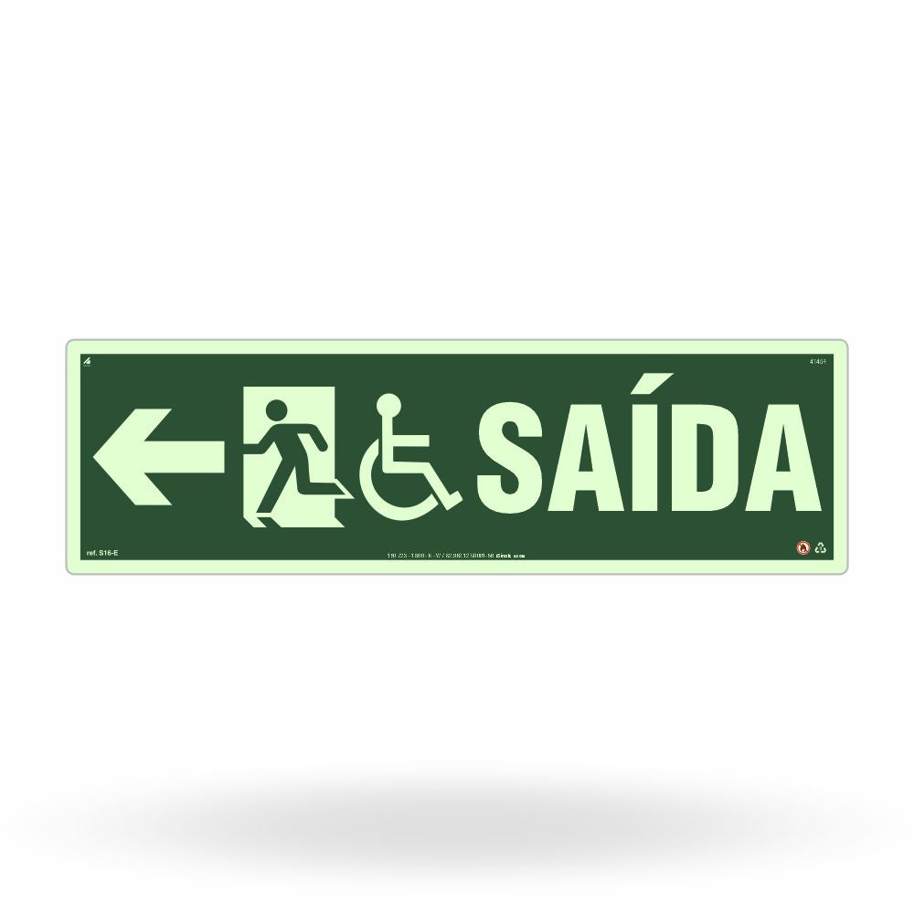 Placa Rota de Fuga Acessível "Saída à Esquerda" S16-E com ColorAdd