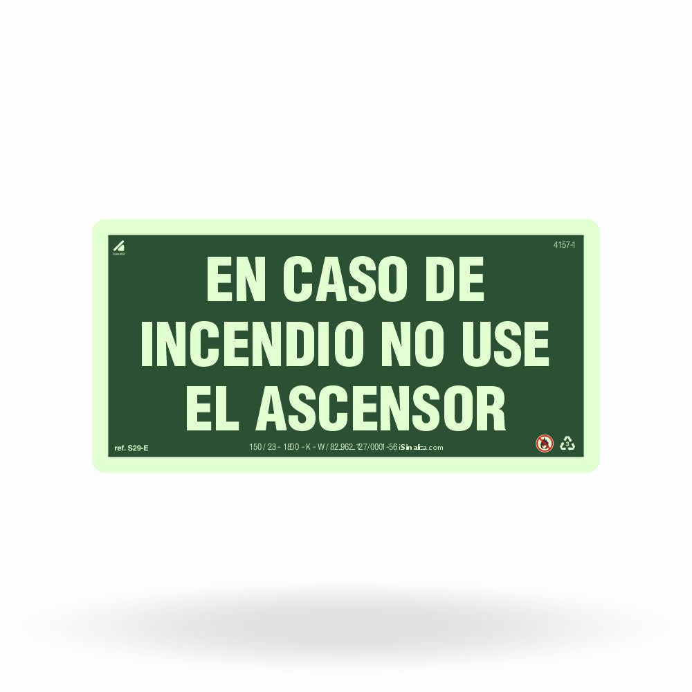 Placa En Caso De Incendio No Use El Ascensor Fotoluminescente S29-E