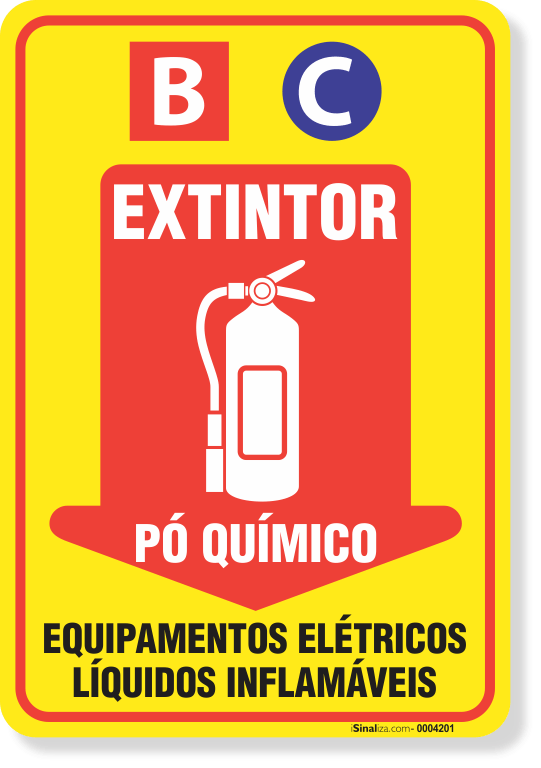 Placa Extintor BC Pó Químico Equipamentos Elétricos E Líquidos Inflamáveis