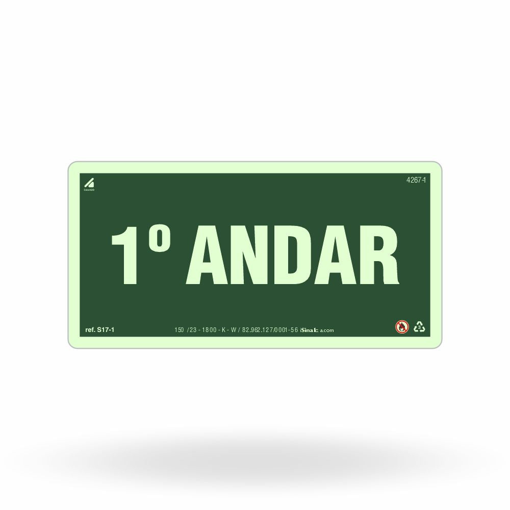 Placa de Andar "1º Andar" Fotoluminescente S17-1 com ColorAdd