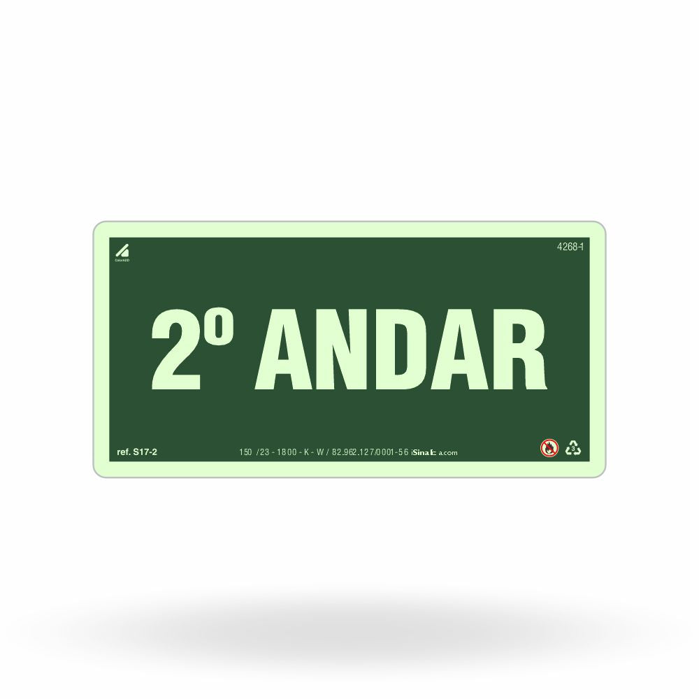 Placa de Andar "2º Andar" Fotoluminescente S17-2 com ColorAdd