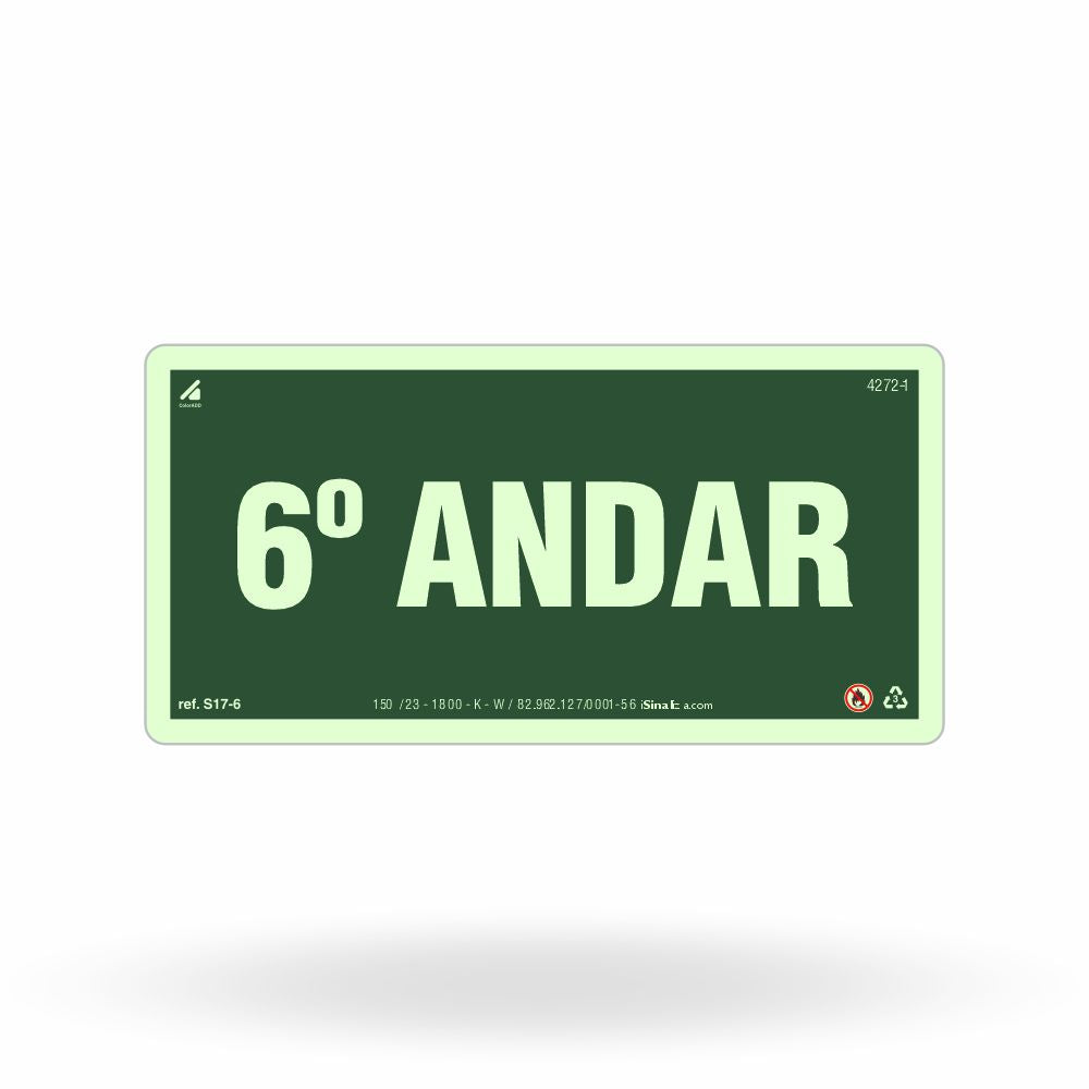 Placa de Andar "6º Andar" Fotoluminescente S17-6 com ColorAdd
