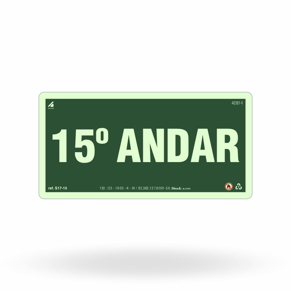 Placa de Andar "15º Andar" Fotoluminescente S17-15 com ColorAdd