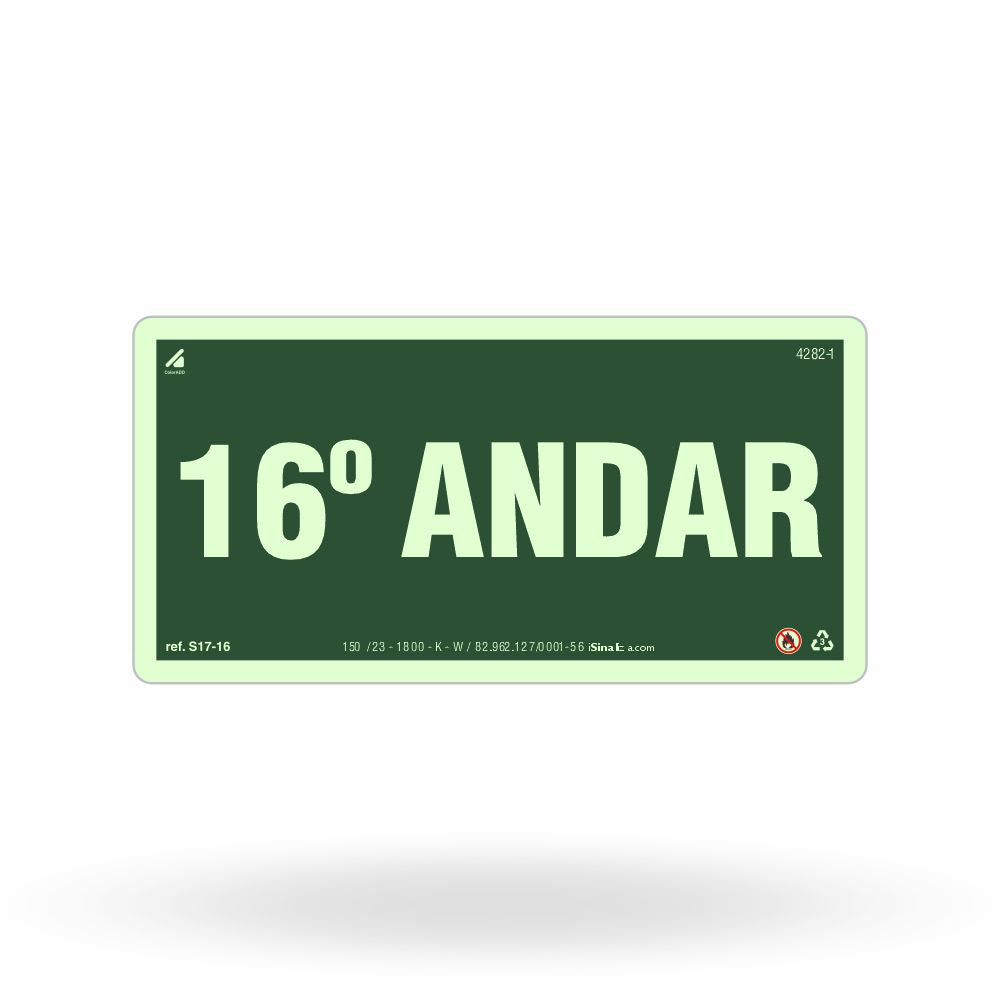Placa de Andar "16º Andar" Fotoluminescente S17-16 com ColorAdd