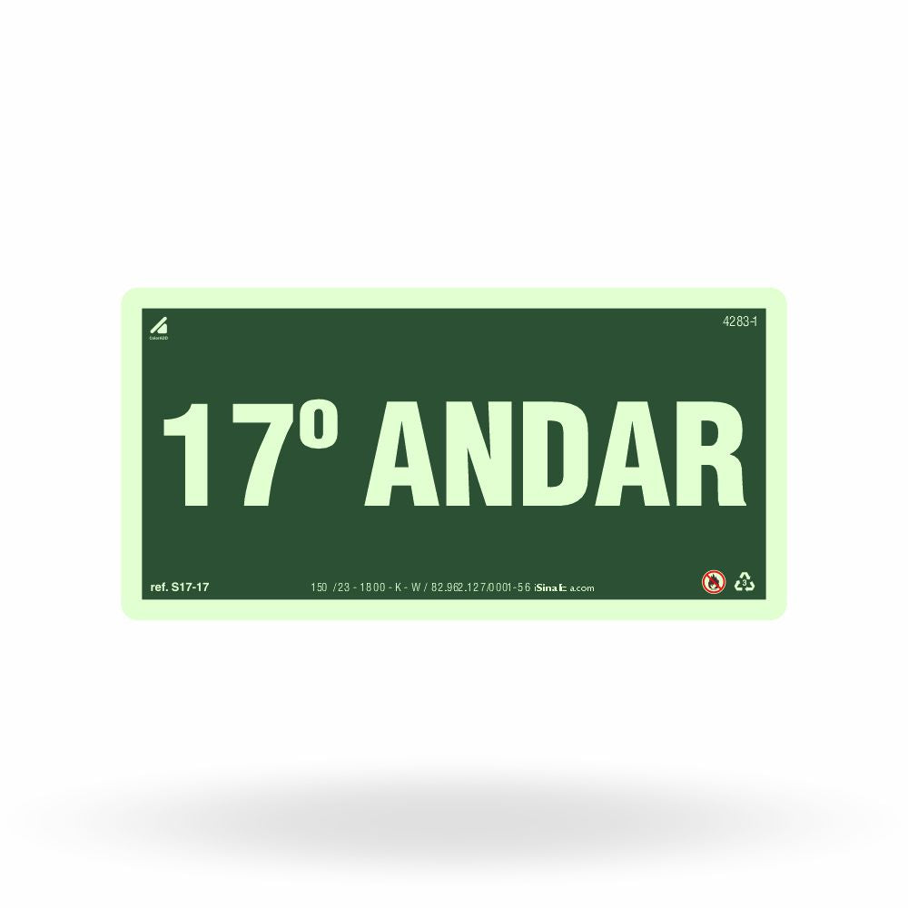 Placa de Andar "17º Andar" Fotoluminescente S17-17 com ColorAdd