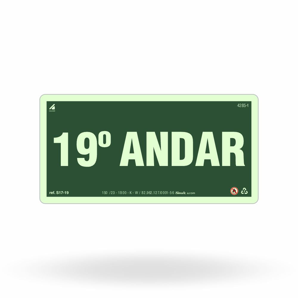 Placa de Andar "19º Andar" Fotoluminescente S17-19 com ColorAdd