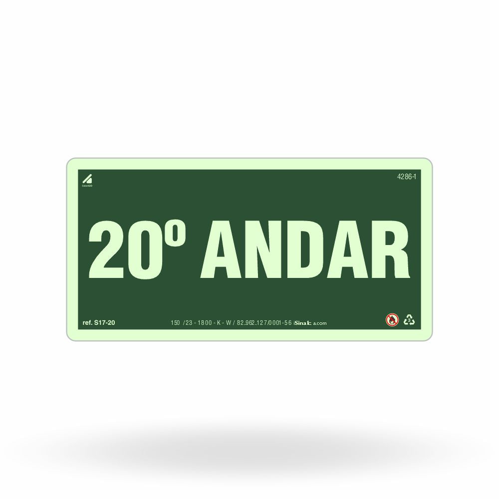 Placa de Andar "20º Andar" Fotoluminescente S17-20 com ColorAdd