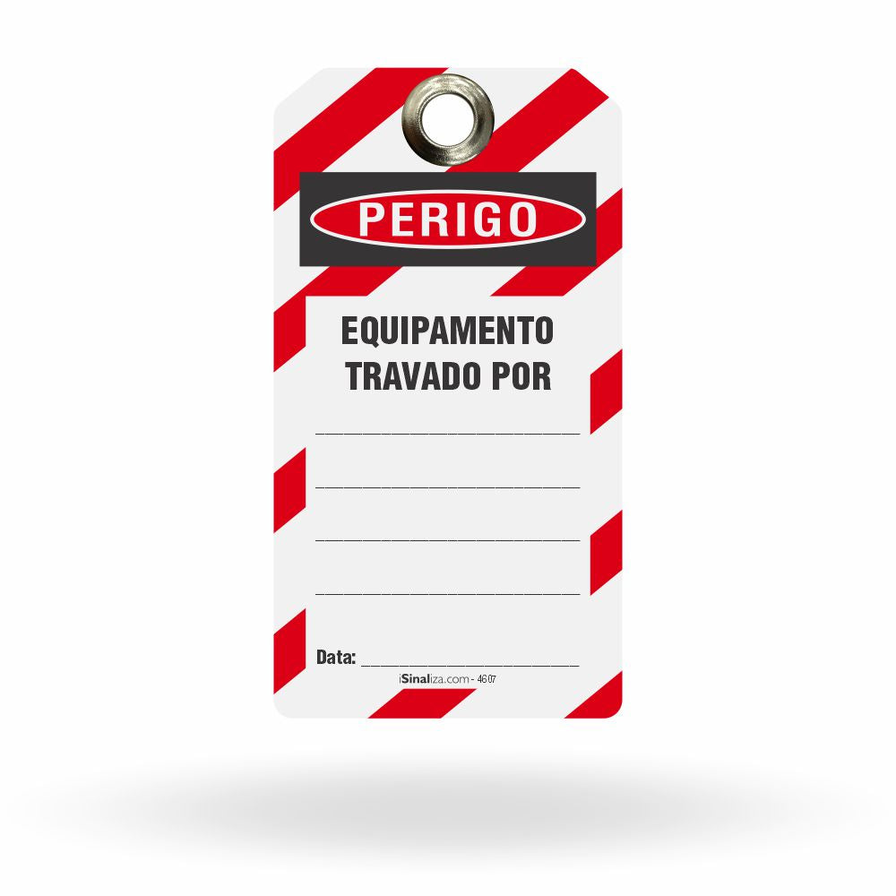 Etiqueta de Bloqueio LOTO "Perigo: Equipamento Travado - Motivo" (Embalagem com 14 unidades)
