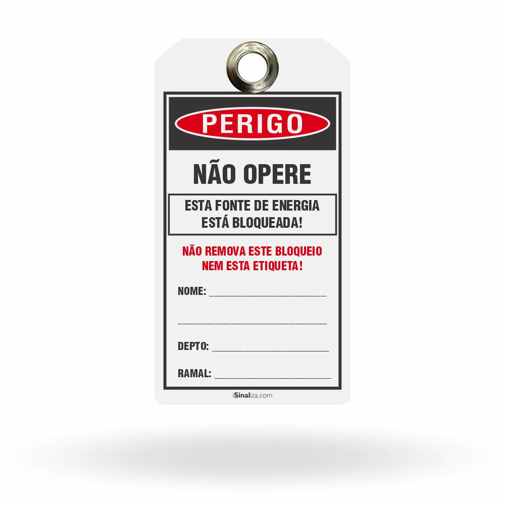 Etiqueta de Bloqueio LOTO "Perigo: Não Opere - Fonte de Energia Bloqueada" (Embalagem com 14 unidades)