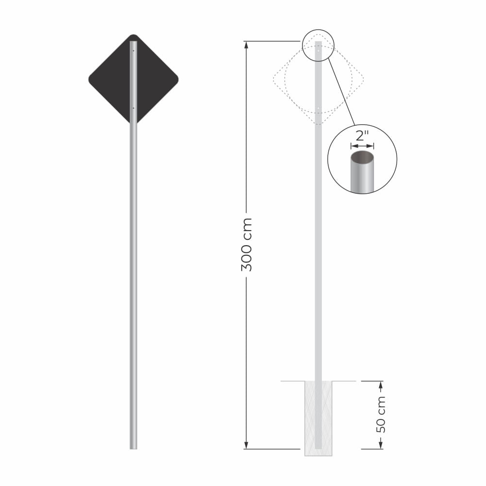 Poste para Placa de Sinalização - Aço Galvanizado com Parafusos - 2" x 3,0 Metros