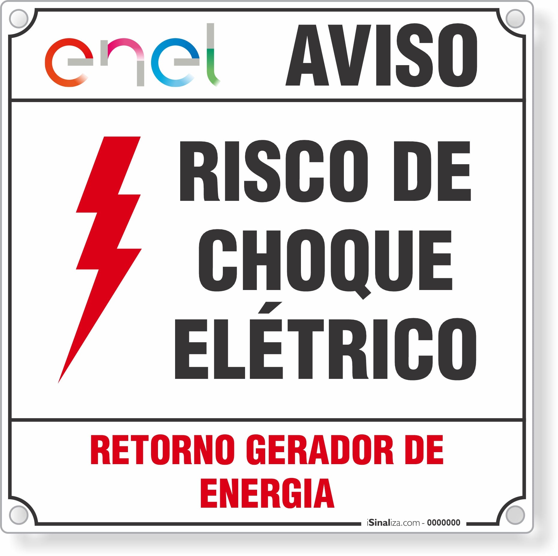Placa Aviso Risco De Choque Elétrico Retorno Gerador De Energia (Padrão Enel - 15x15cm)