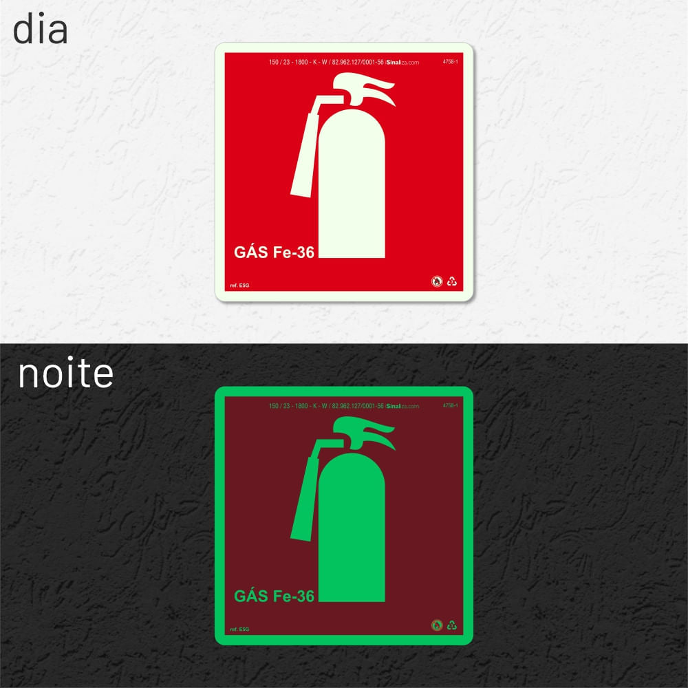 Placa "Extintor Gás FE-36" Fotoluminescente E5G com ColorAdd