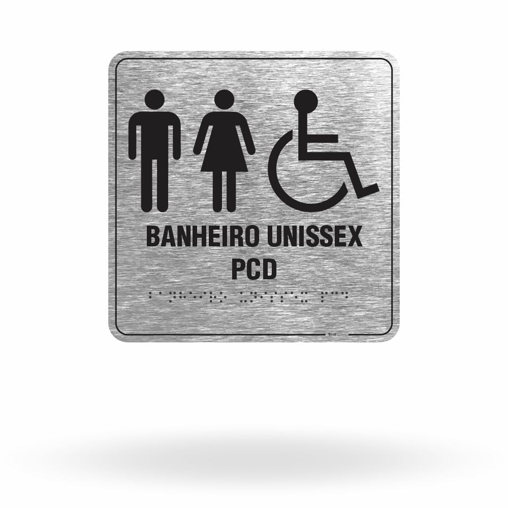 Placa de Sinalização "Banheiro Unissex PCD" com Braille e Relevo